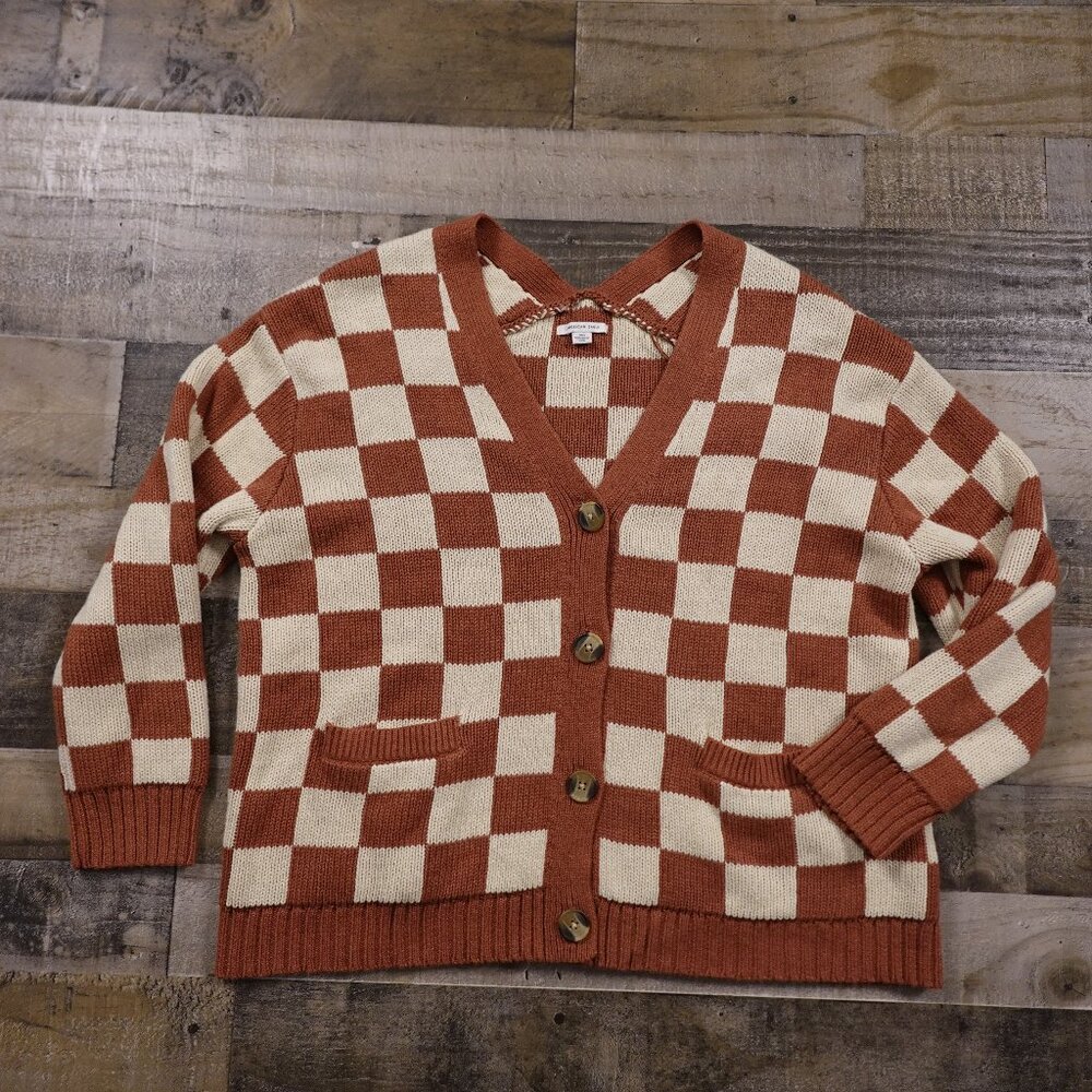 American Eagle Outfitters Rust and Cream Checkerboard Cardigan